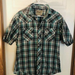 Mens Green/grey Plaid Wrangler Pearl Snap Button Down Short Sleeve Shirt L/G/G